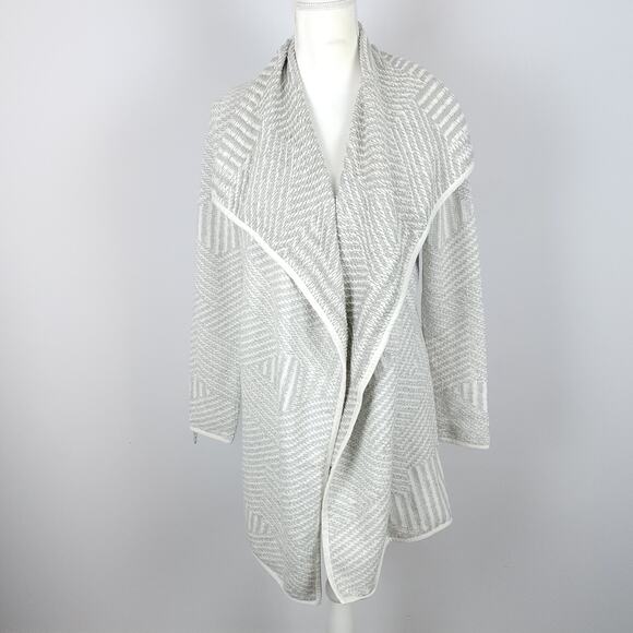 Vintage Bass Herringbone Long Cardigan Size M Gray Open Shawl Collar Heavyweight - Picture 1 of 11